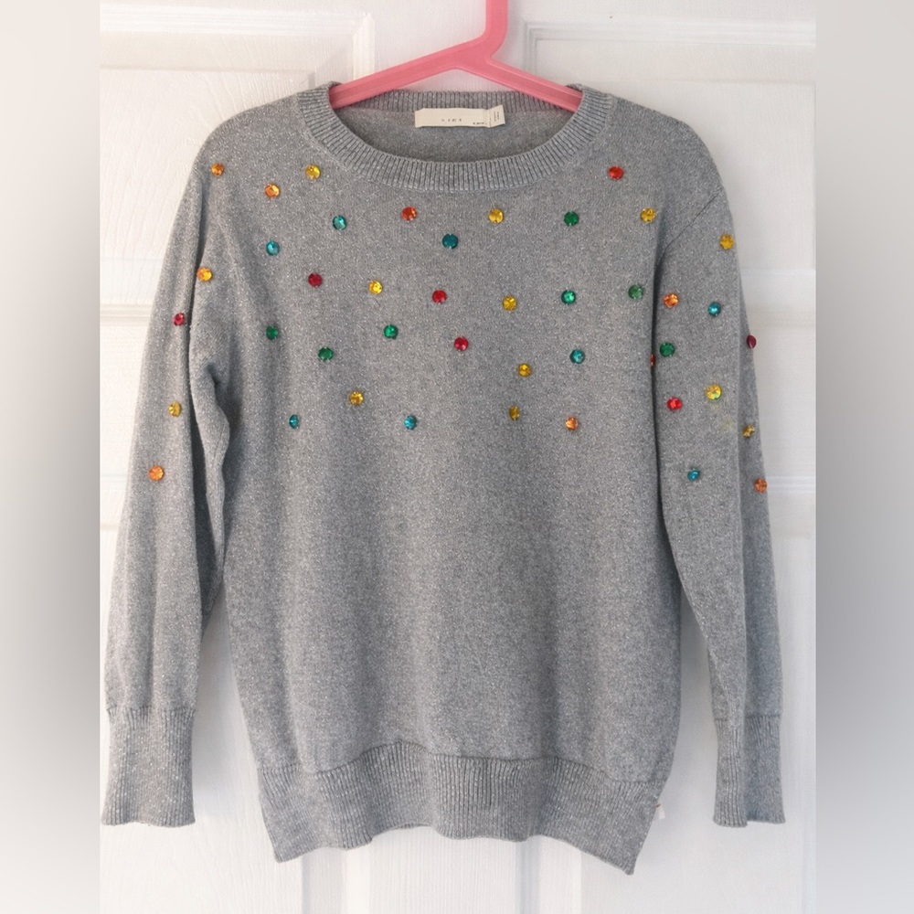 Stella McCartney Kids Gray Crewneck Sweater with rainbow Gem Studs and sparkle